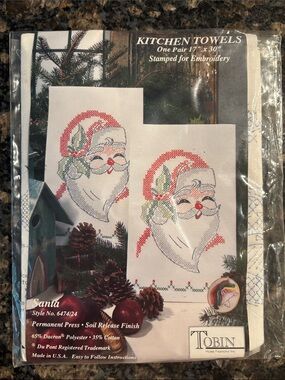 Tobin Santa Embroidered 2 Kitchen Towels - White, Red, Green -New